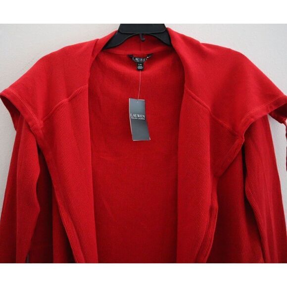 Lauren Ralph Lauren Women Sz L Red Thermal Waffle-Knit Open Front Cardigan - Picture 4 of 10